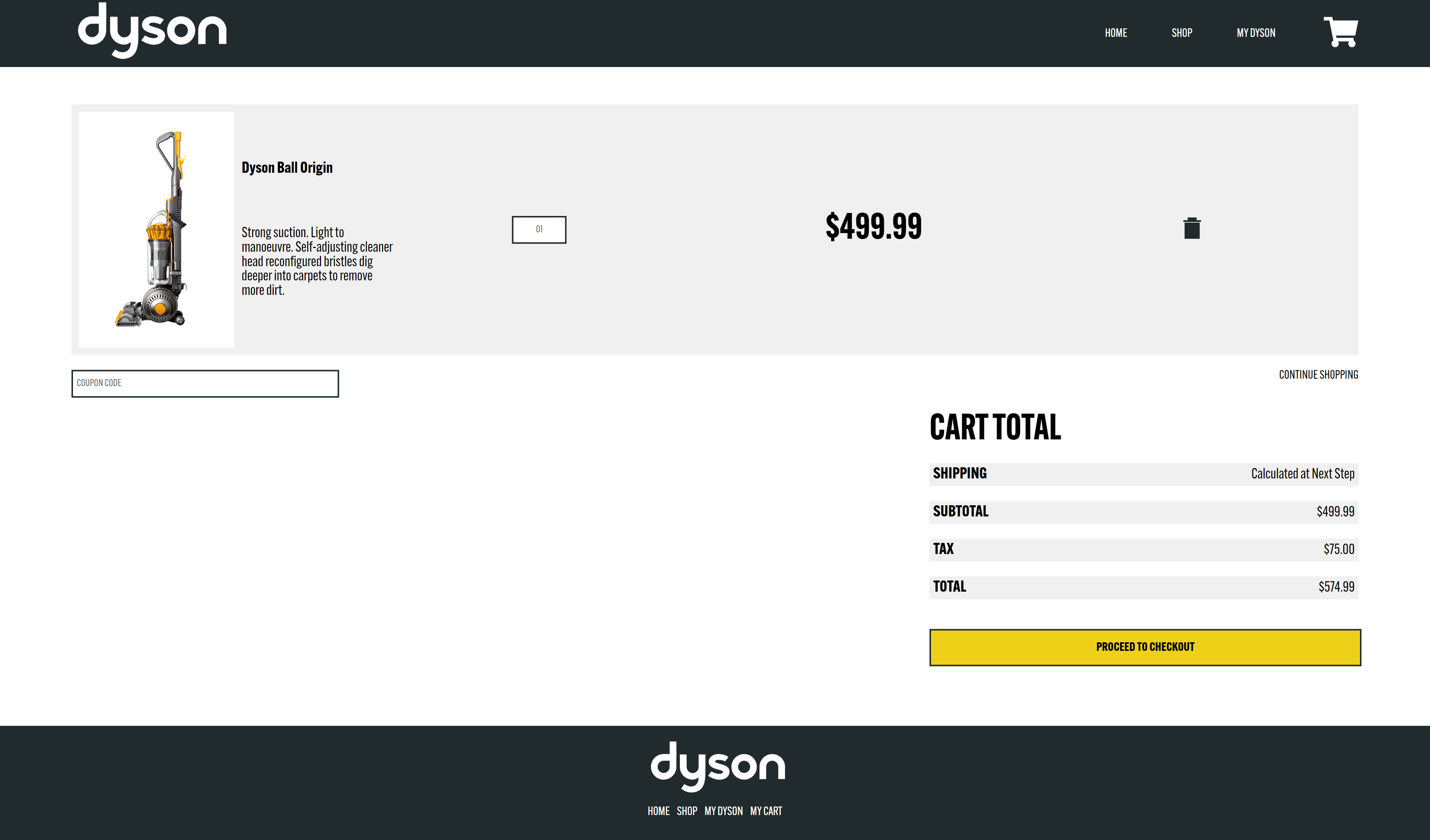 Screenshot showing the redesigned Dyson website's cart page