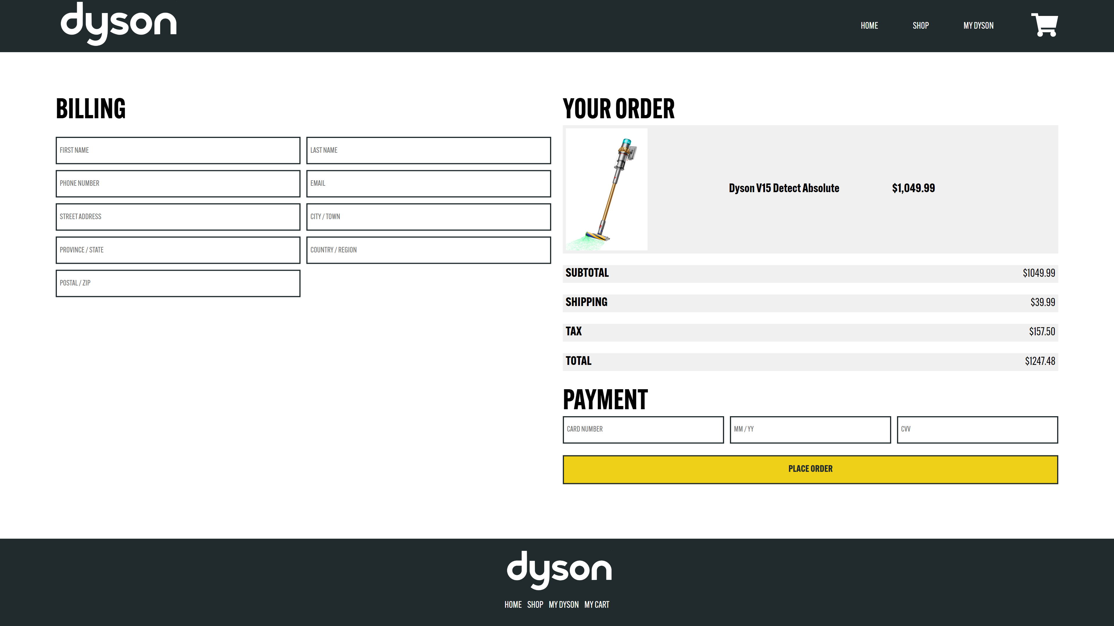 Screenshot showing the redesigned Dyson website's checkout page