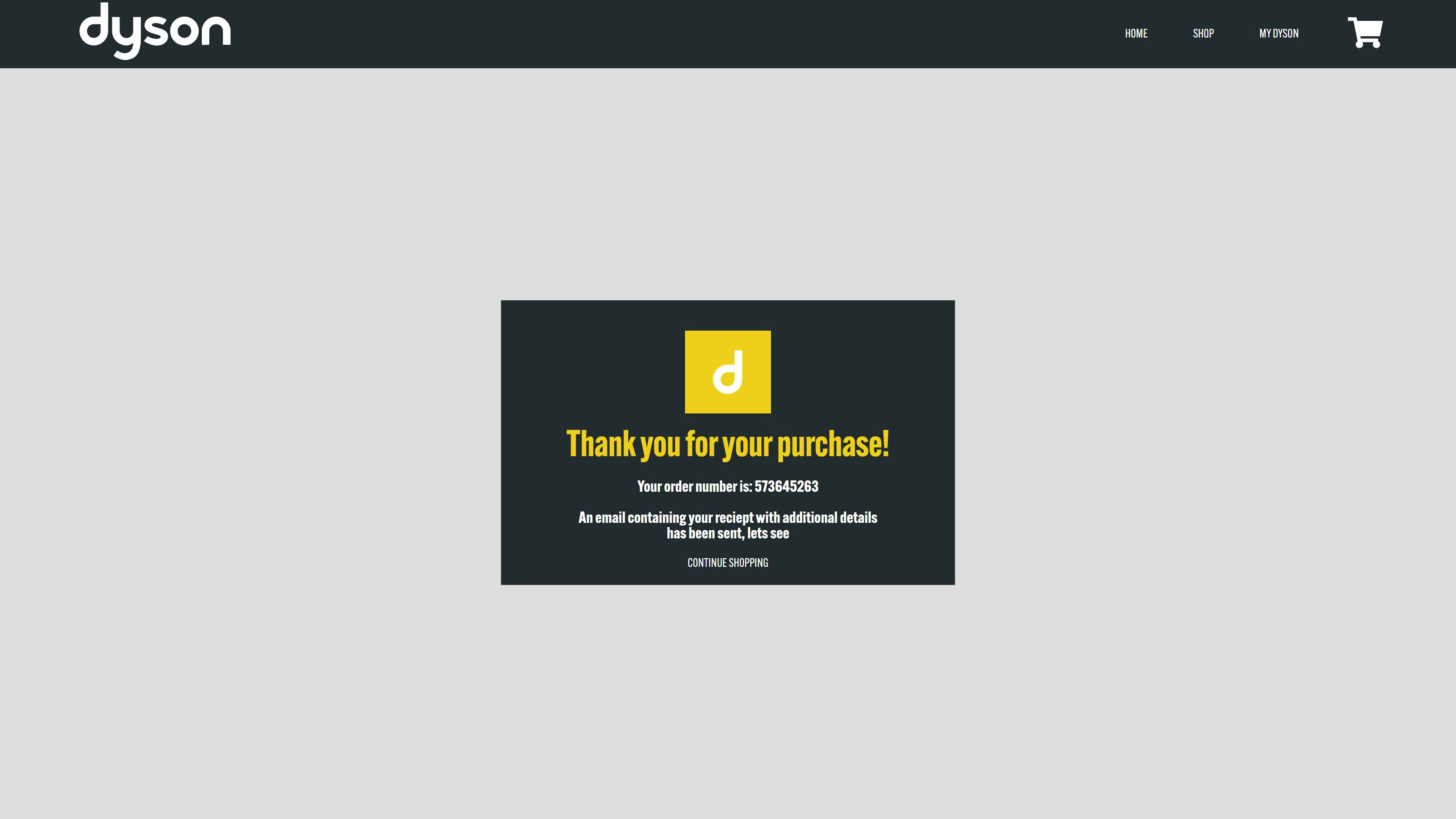 Screenshot showing the redesigned Dyson website's order confirmation page