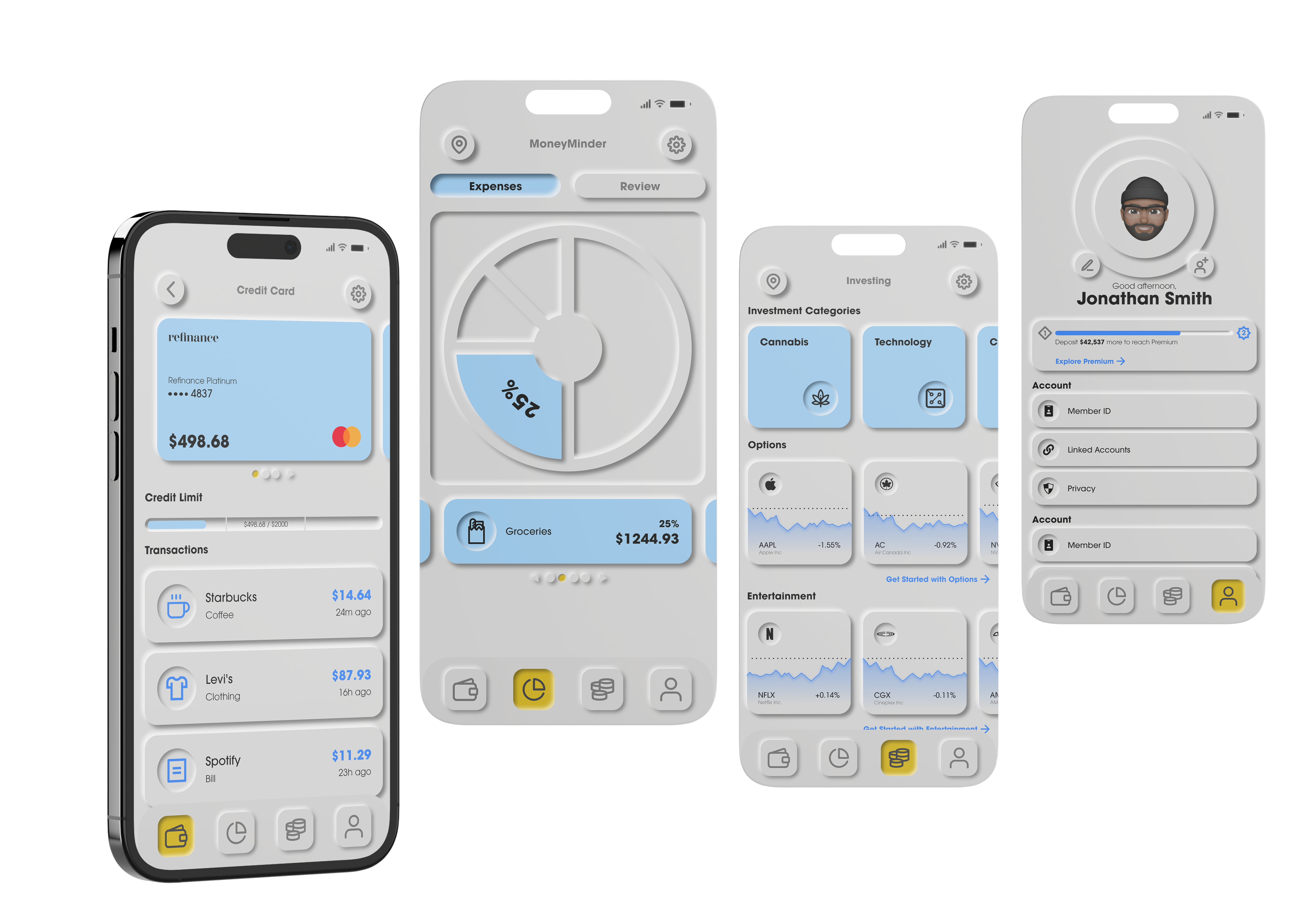 Four screens showing the wallet section, money minder, investing, and user sections of the Refinance Mobile Banking App (links to https://www.adambaileydesigns.ca/refinance-app) 