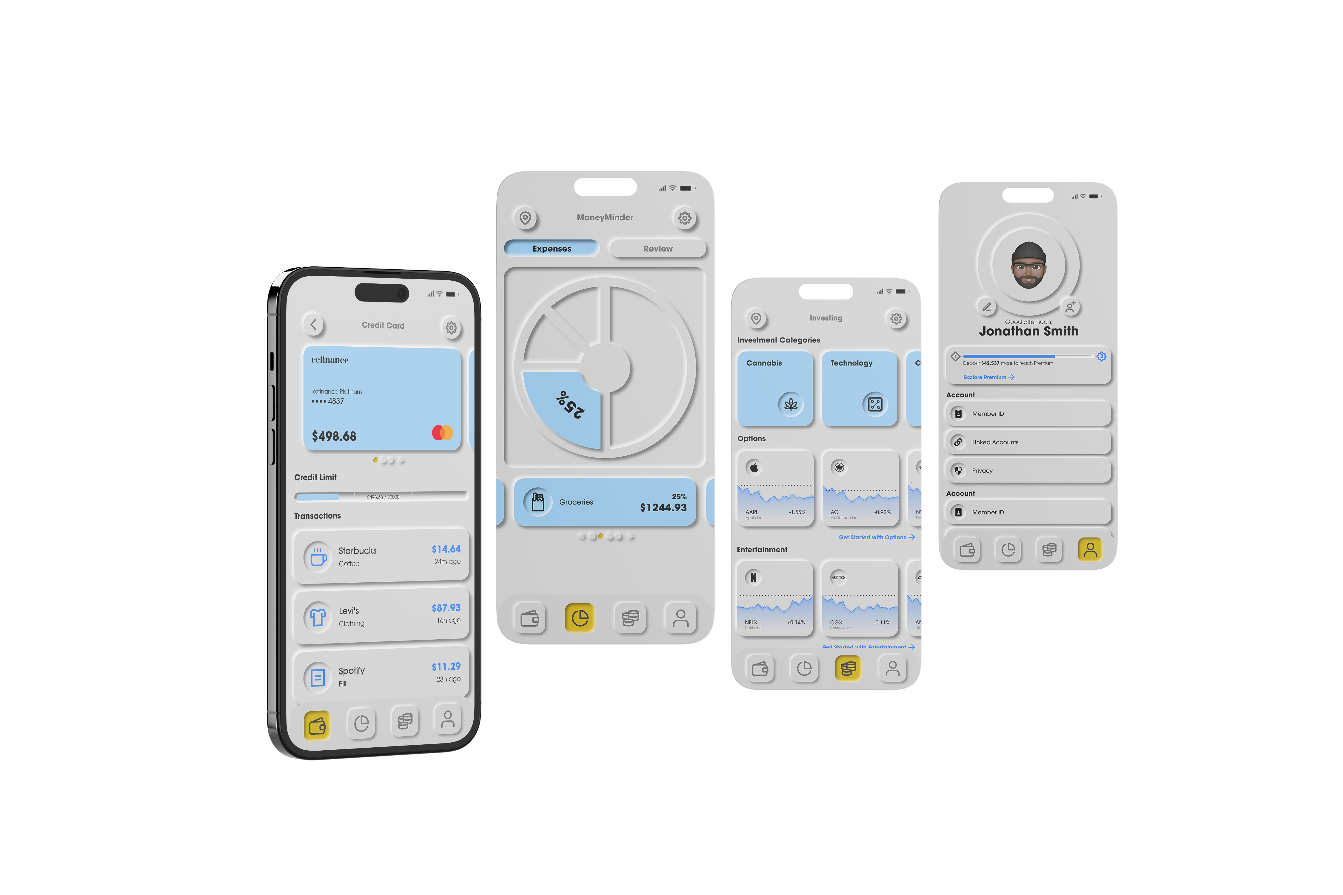 Four screens showing the wallet section, money minder, investing, and user sections of the Refinance Mobile Banking App