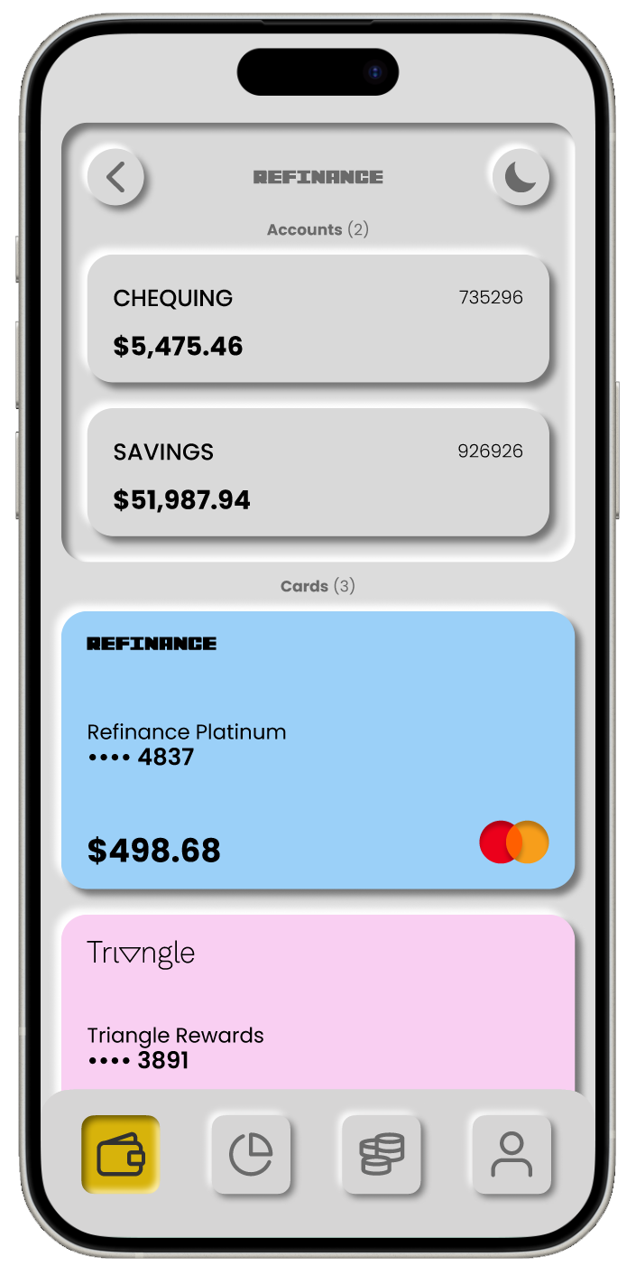 Two screen mocks that show the Wallet section's cards and transaction history segments