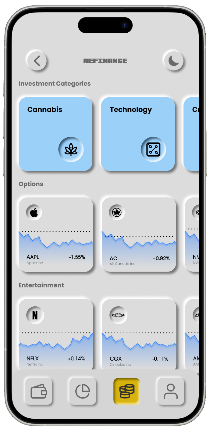 Two screen mock showing the Investing section of the app that allows users to browse stock categories and review the history of that specific stock via a slider