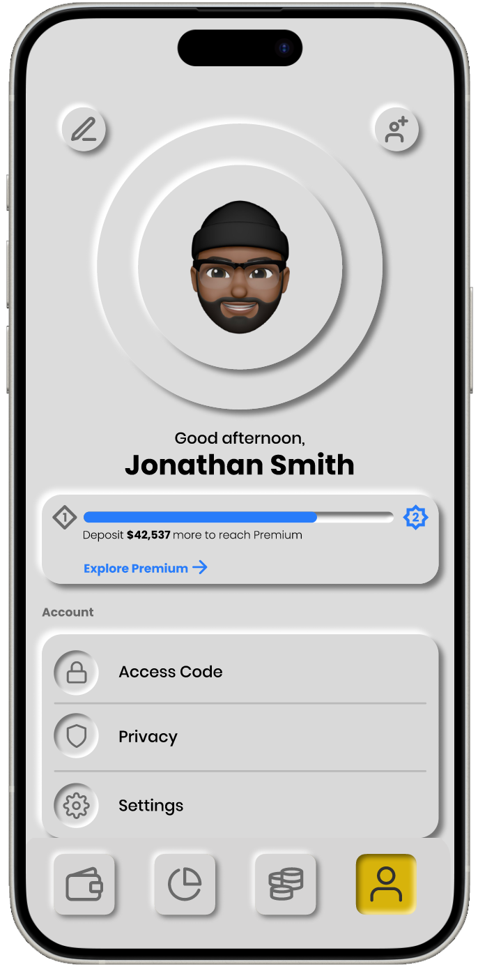 Single screen mock showing the User section of the app where users can change their setting as well as monitor their membership features
