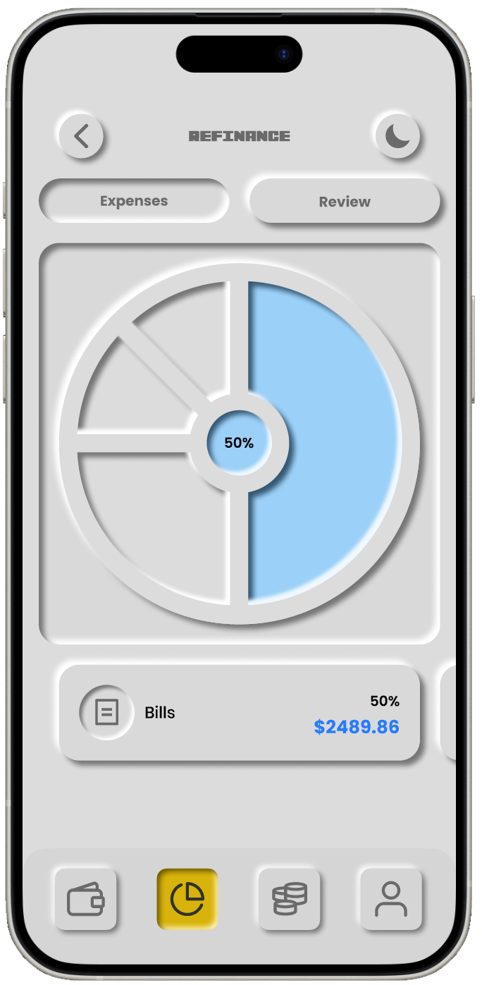 Two screen mocks that show the Money Minder section and its ability to track expenses with a pie graph and a monthly/yearly review of past expense history with a slider