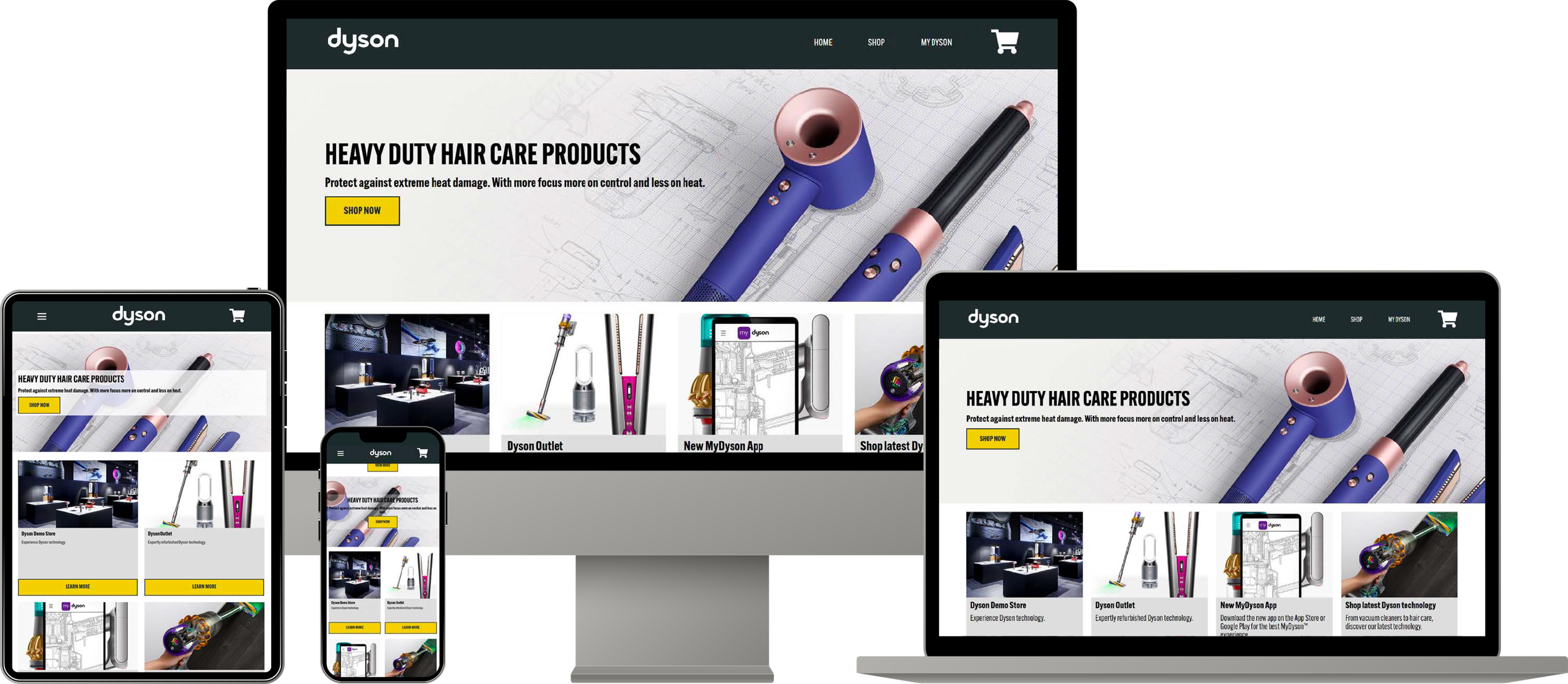 Four screens showing the responsive design of the redesigned Dyson Website (links to https://www.adambaileydesigns.ca/dyson-website) 