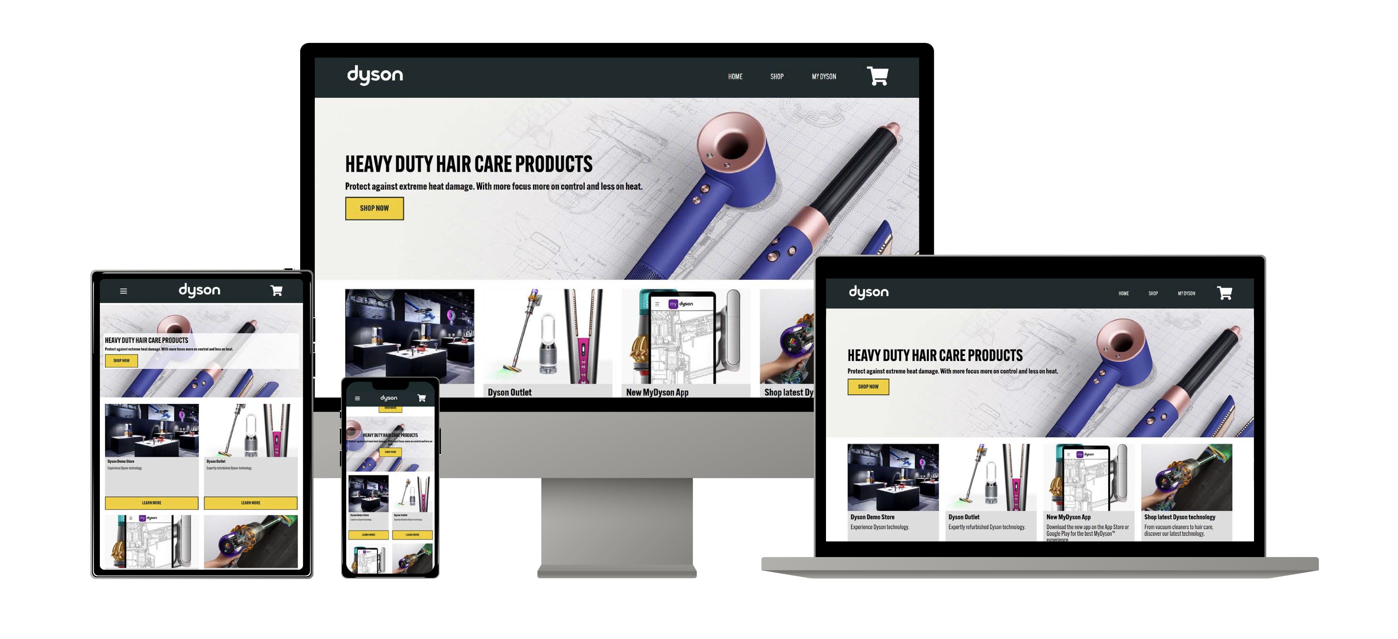 Four screens showing the responsive design of the redesigned Dyson Website (links to https://www.adambaileydesigns.ca/dyson-website) 