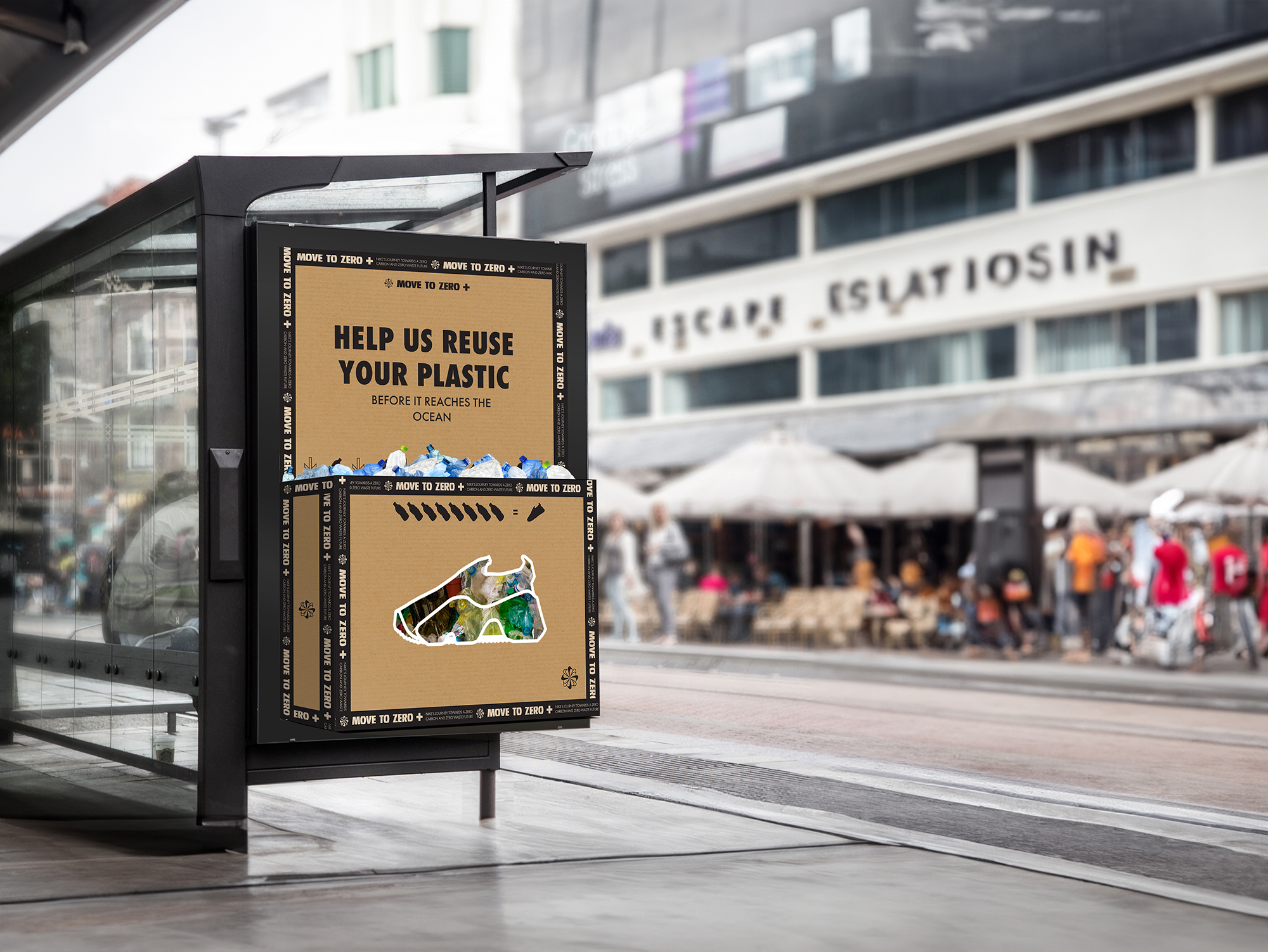 Nike Launch Campaign's printed bus stop advertisement with extruded trash receptacle 