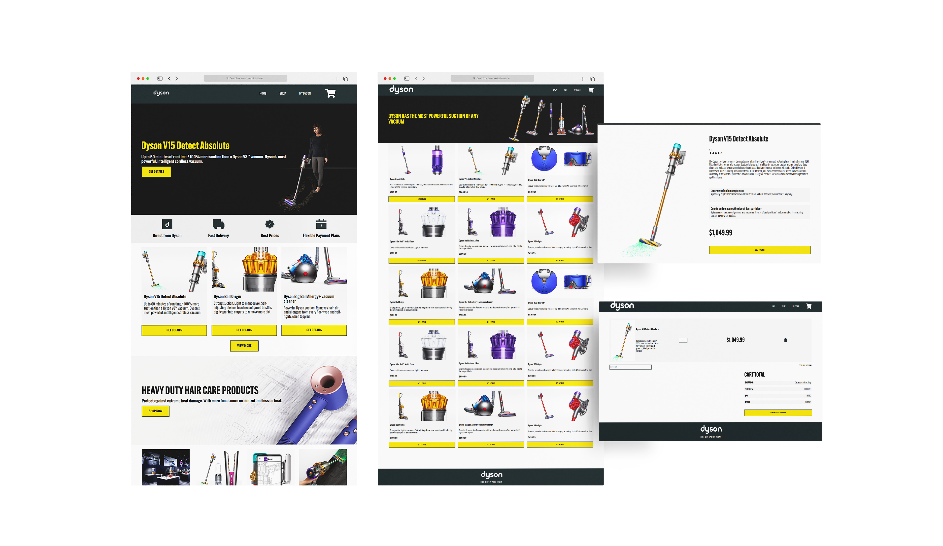 Four webpage screenshots showing the multi-page design of the redesigned Dyson Website