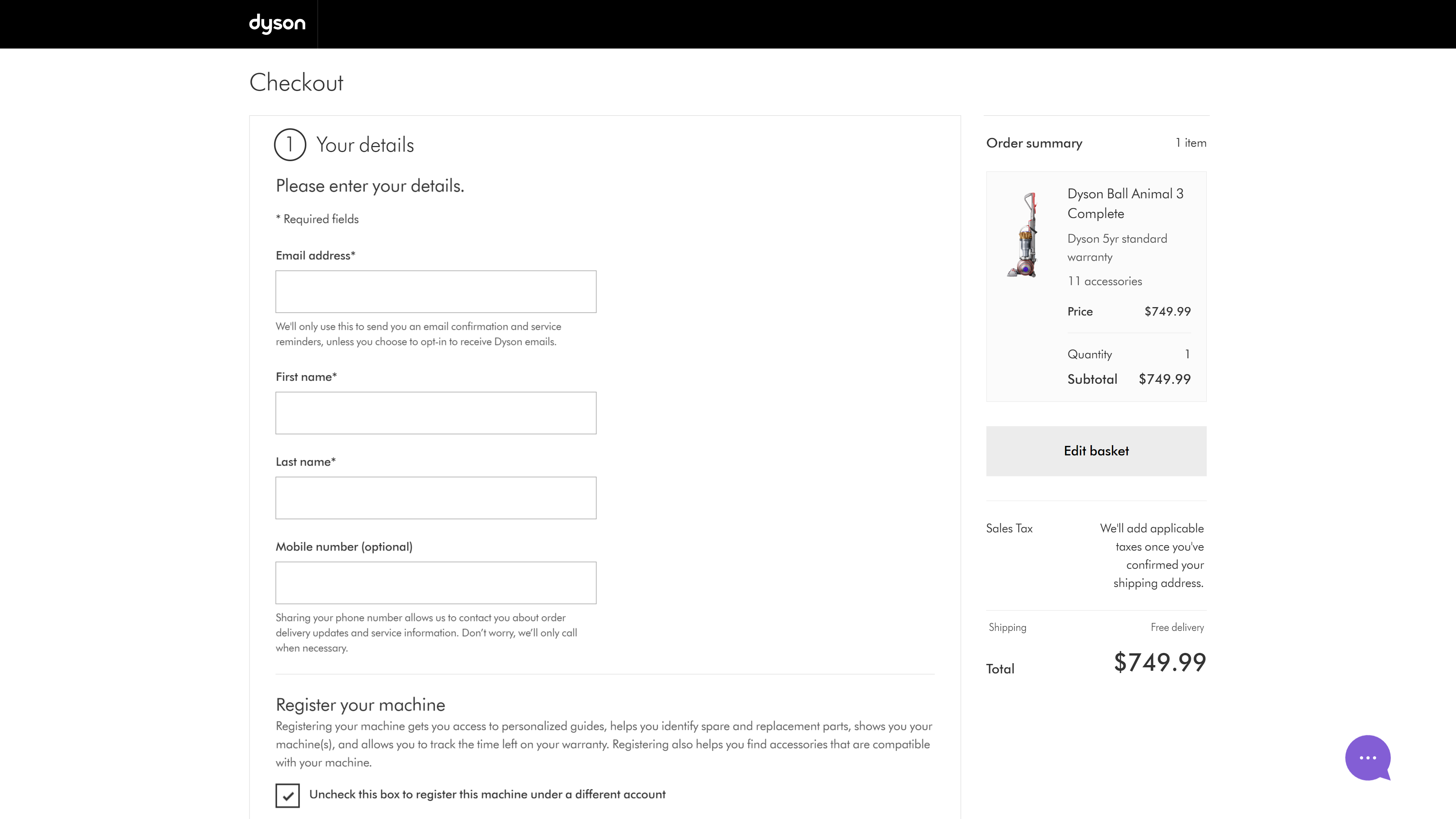 Screenshot showing Dyson's original website's checkout page