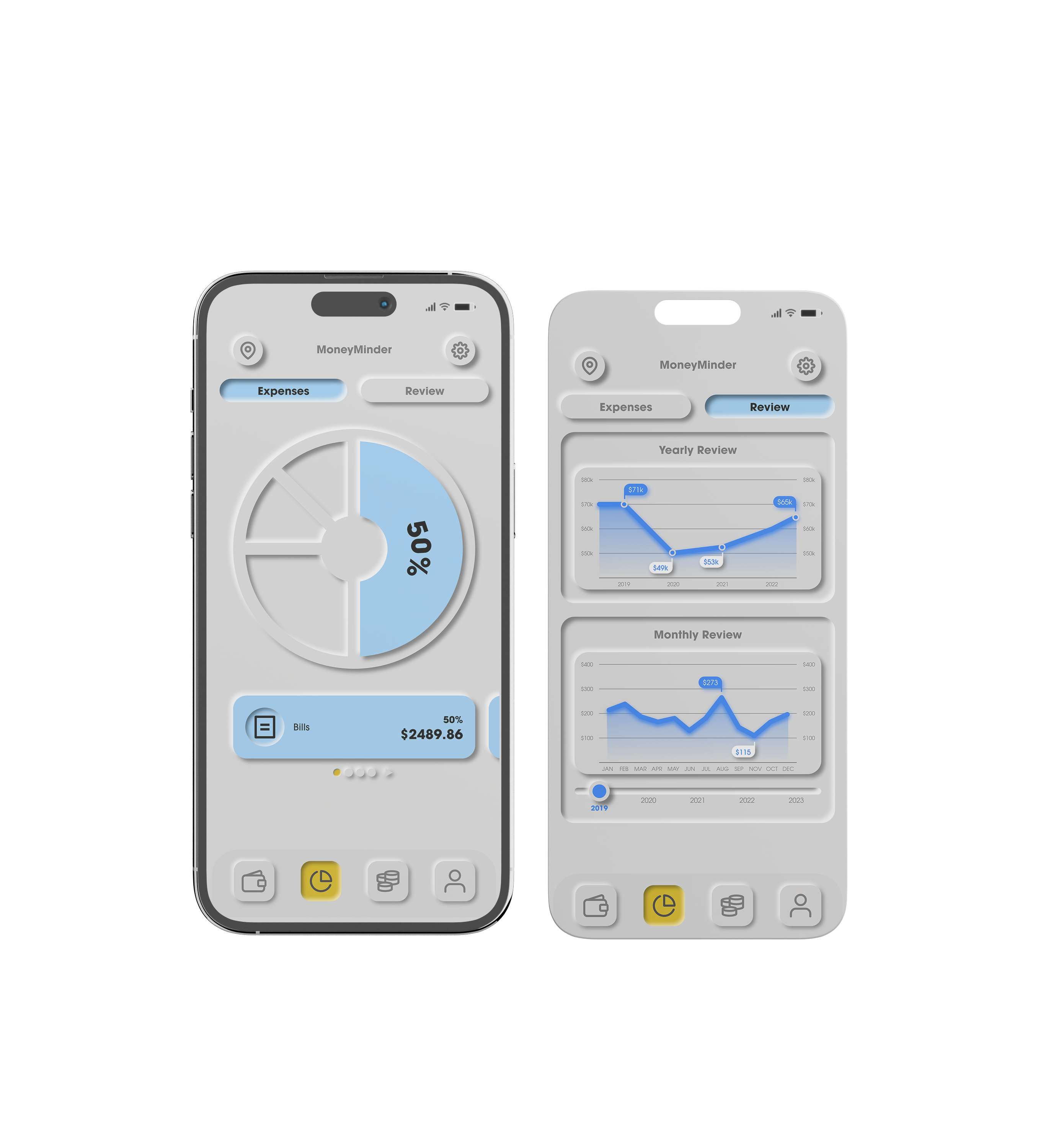 Two screen mocks that show the Money Minder section and its ability to track expenses with a pie graph and a monthly/yearly review of past expense history with a slider