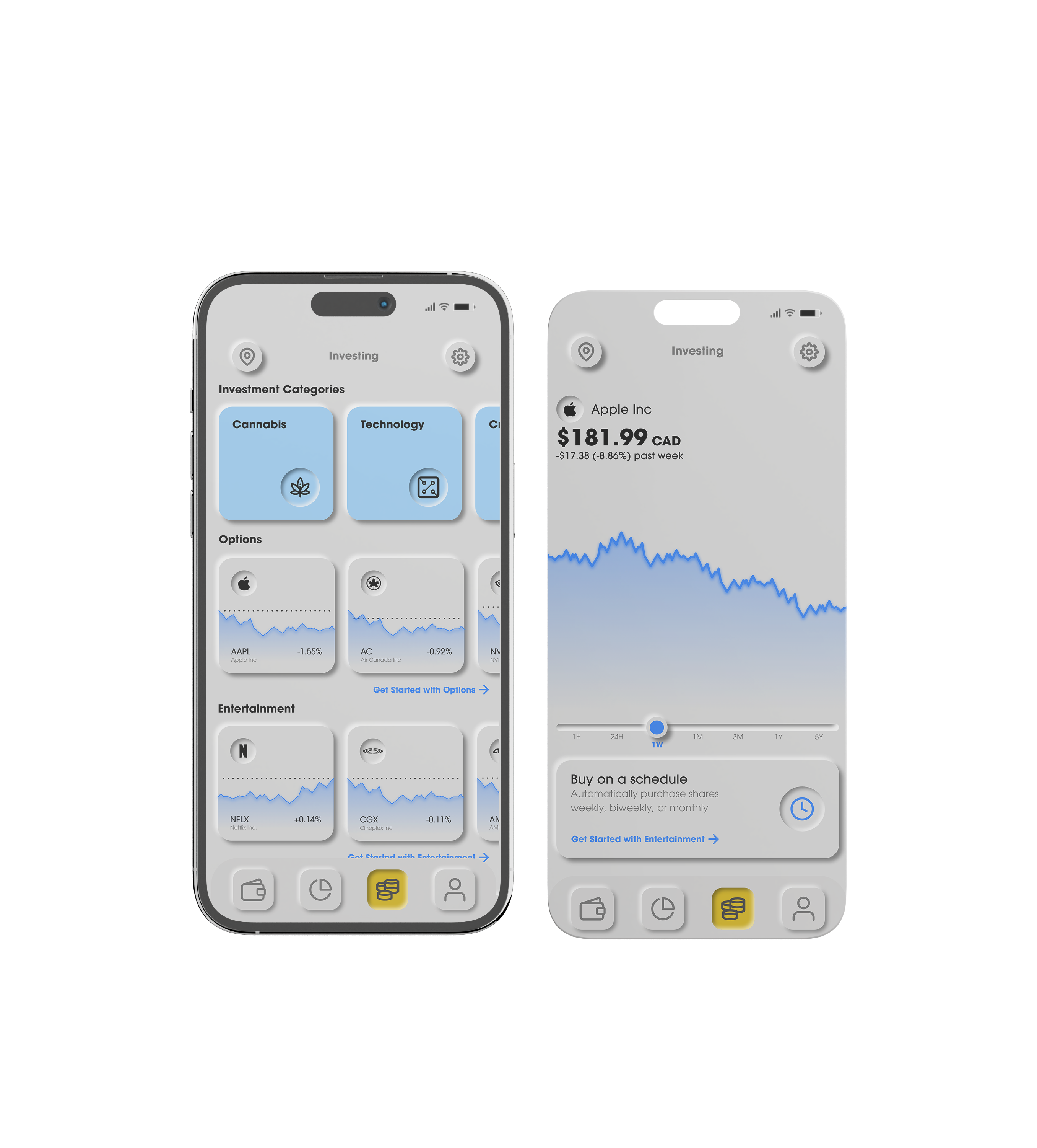 Two screen mock showing the Investing section of the app that allows users to browse stock categories and review the history of that specific stock via a slider