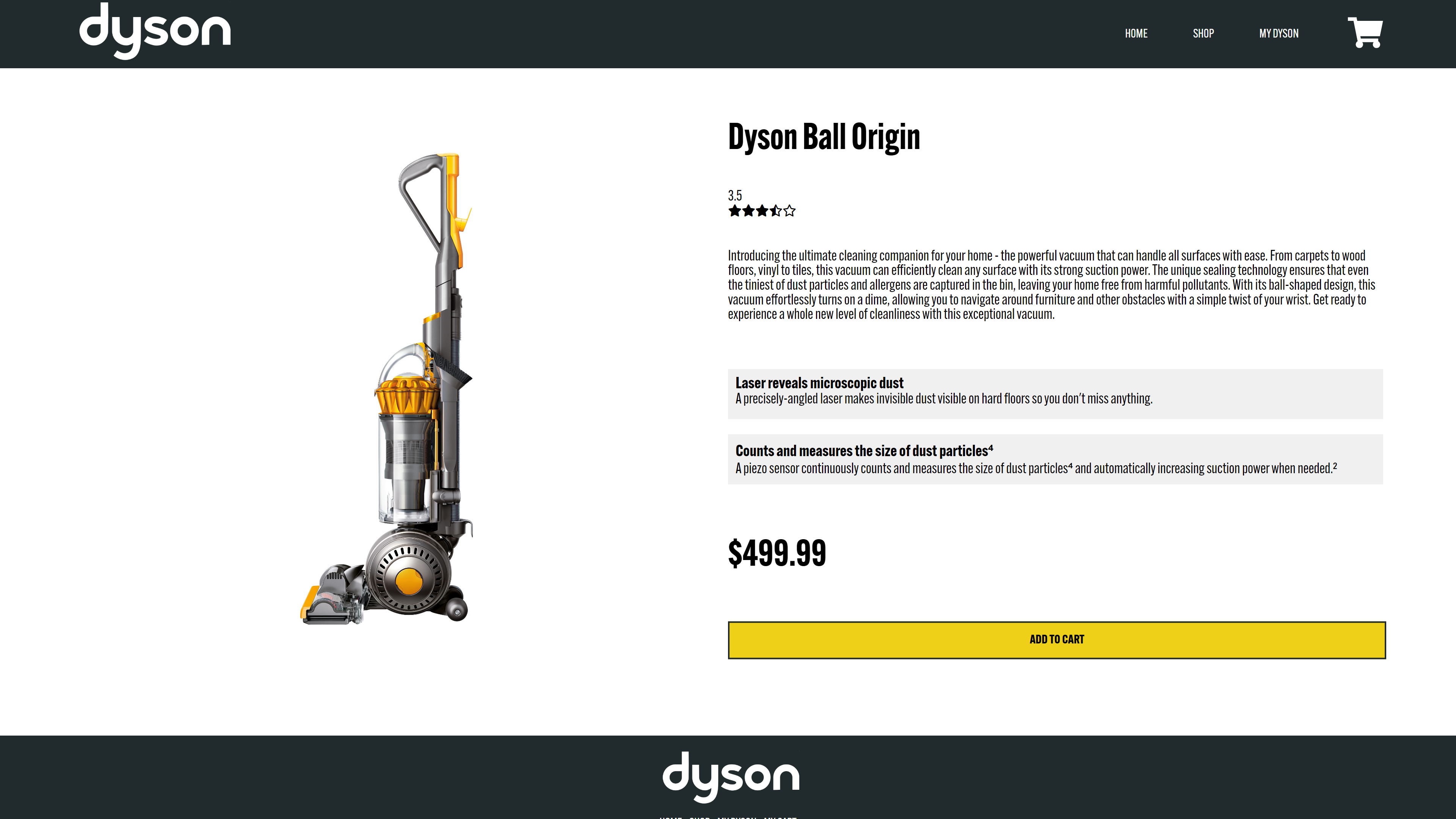 Screenshot showing the redesigned Dyson website's details page