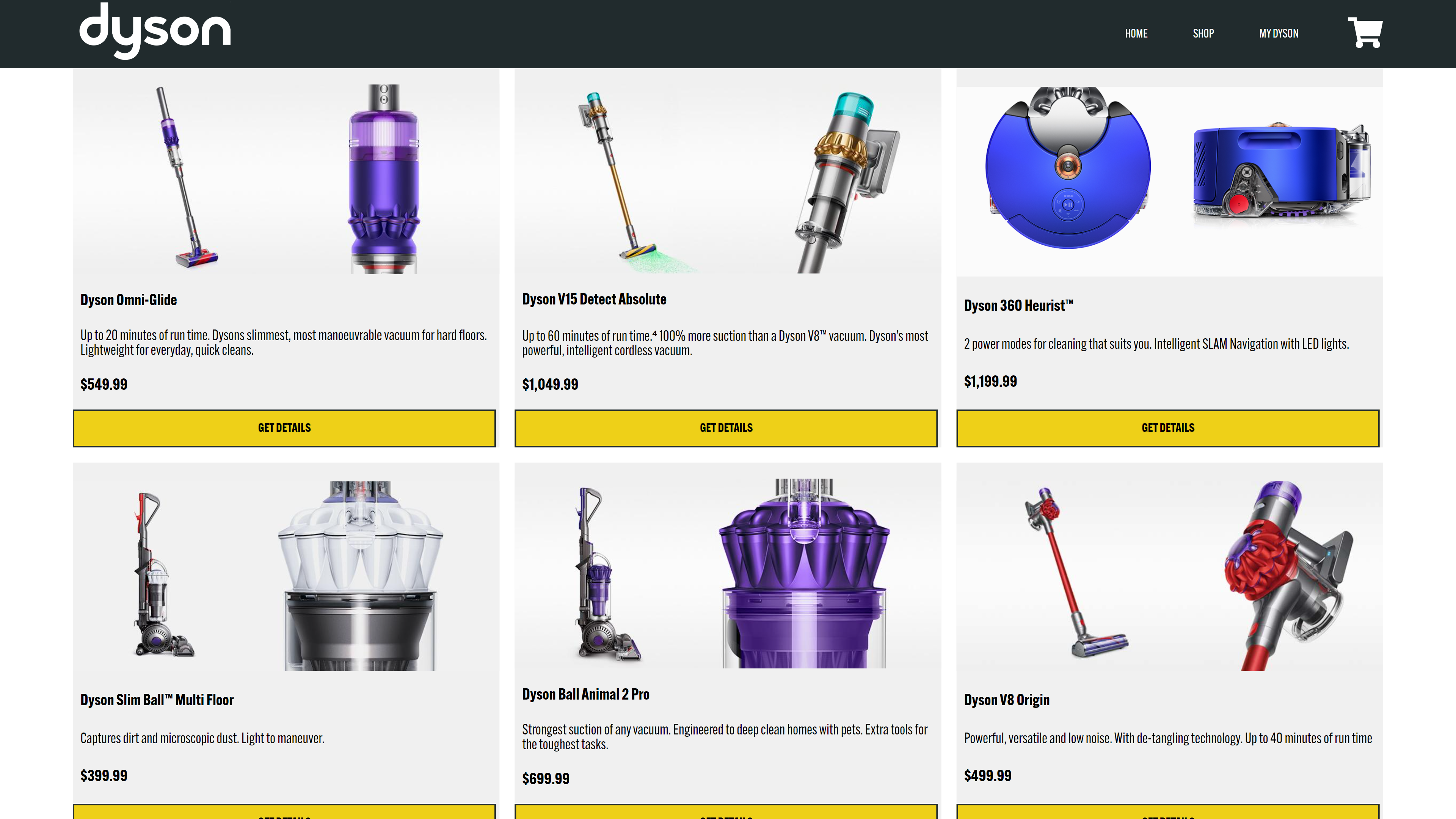 Screenshot showing the redesigned Dyson website's product page